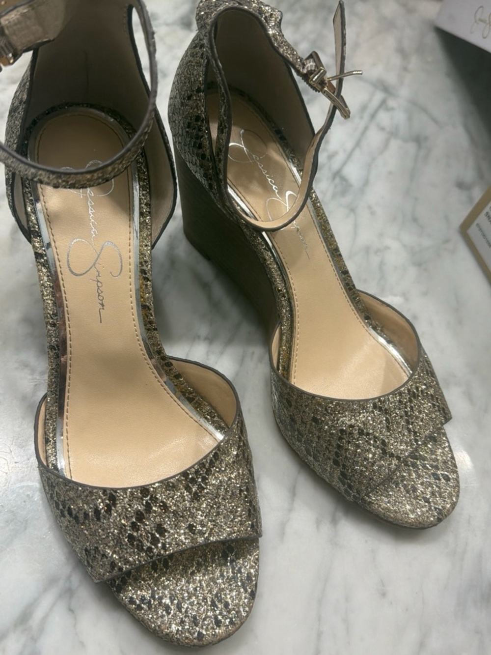 Jessica Simpson Metallic Gold Glitter Ankle-Strap Wedge Sandals